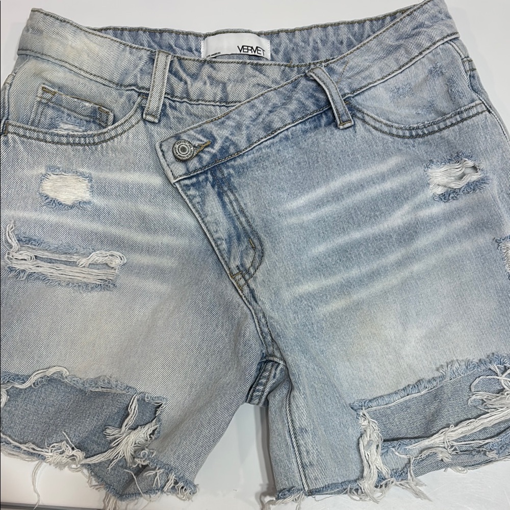 Blue Distressed Jean Shorts with Frayed Hem